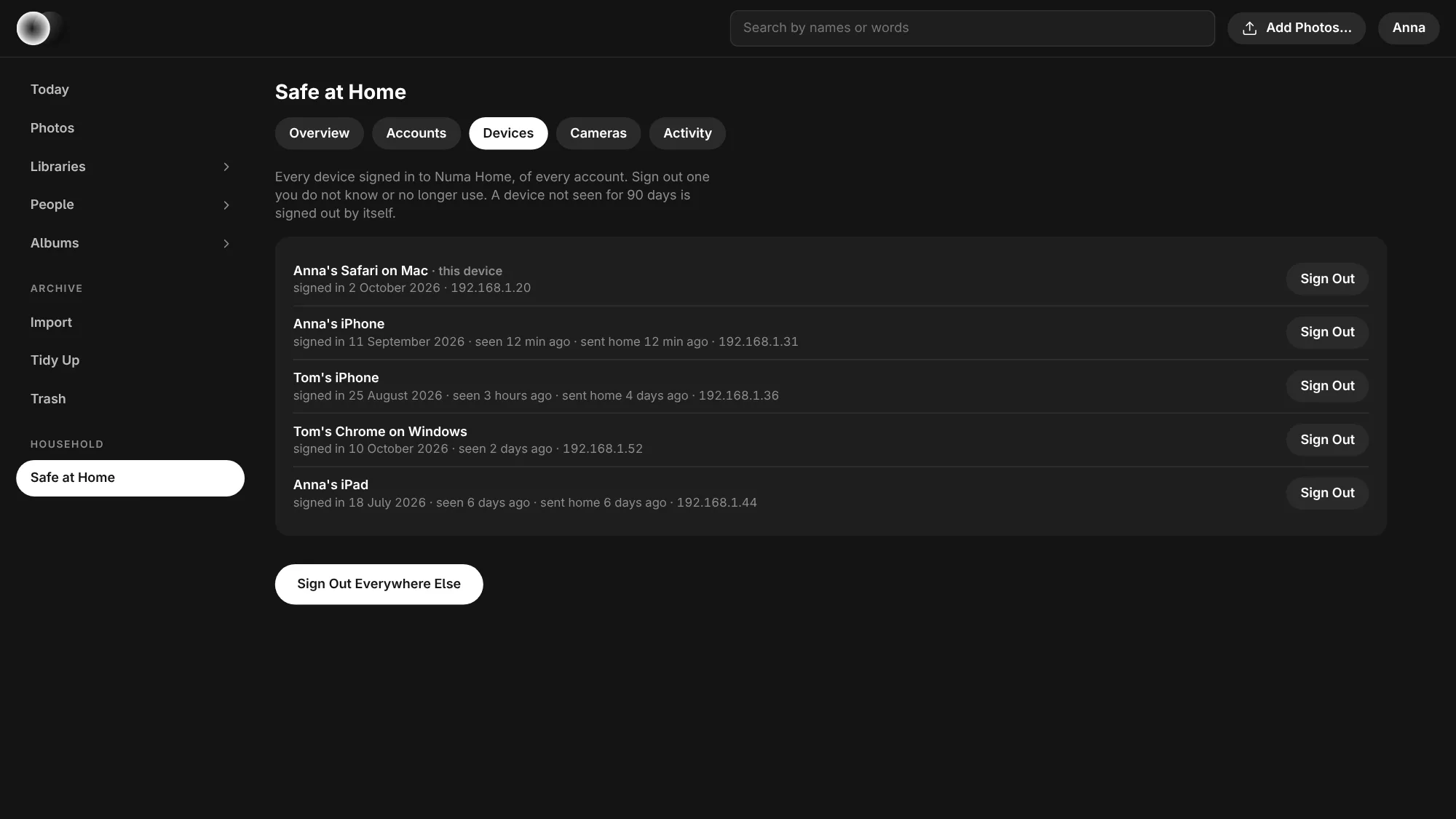 Devices, a tab of Safe at Home: five devices of Anna and Tom, each with when it signed in, was last seen and last sent home, its address and Sign Out; under them Sign Out Everywhere Else