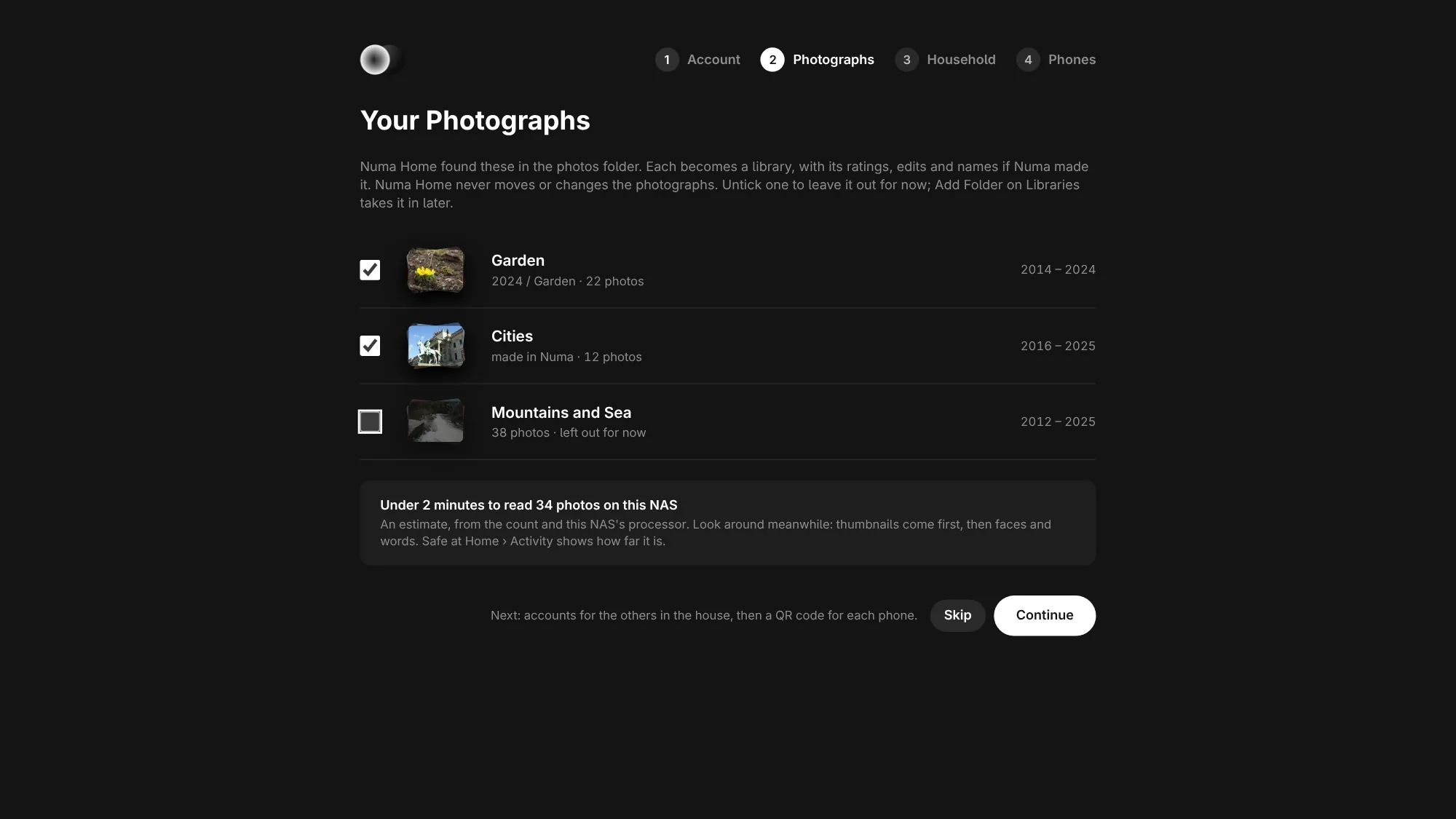 The first start's second step, Your Photographs: three libraries found in the photos folder, each with a tick, a stack of three prints, its folder, how many photos and the years taken; Cities made in Numa, Mountains and Sea unticked and left out for now; under them how long reading the rest will take on this NAS, then Skip and Continue