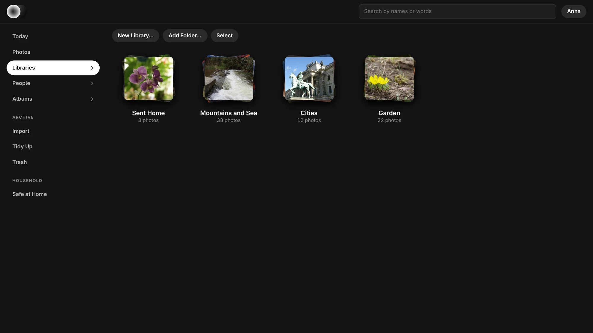 The Libraries page: New Library, Add Folder and Select, then each library as a stack of prints with its name and how many photographs