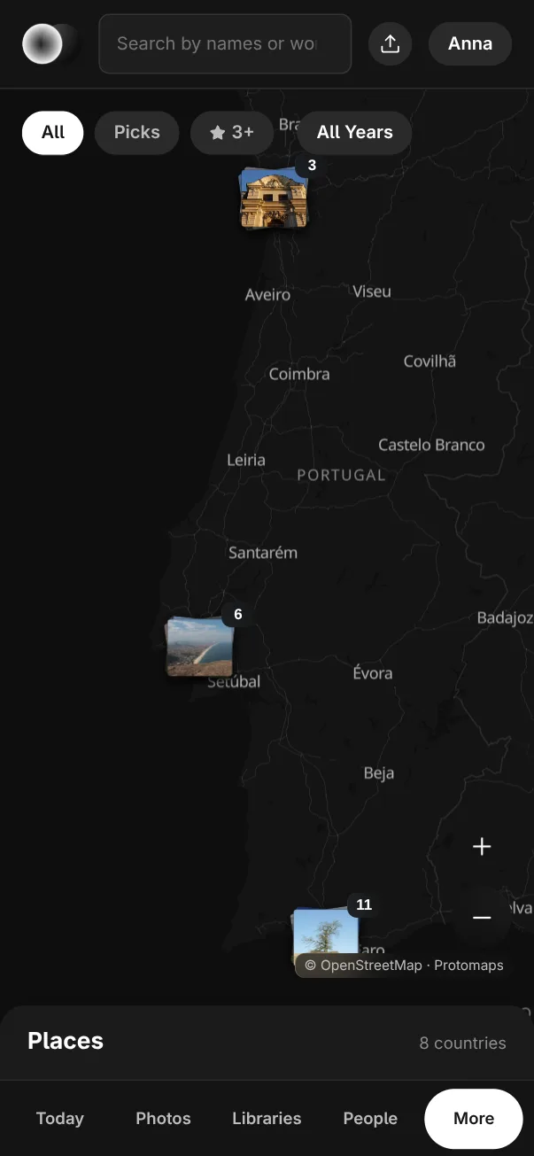 Places on a phone: the map of Portugal fills the screen with three stacks of photographs, All, Picks, ★ 3+ and All Years at the top, and the list of places as a sheet at the foot