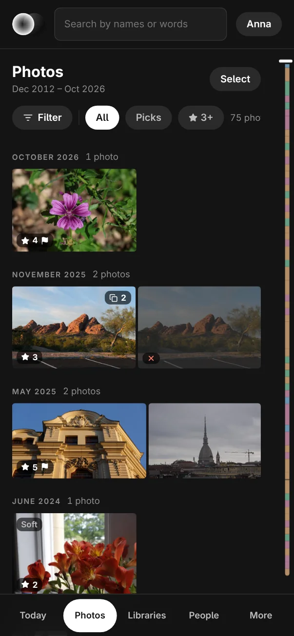 Numa Home on a phone: Photos with the Filter row, the photographs by month with their stars, picks and notes, the scrubber at the edge, and Today, Photos, Libraries, People and More along the foot