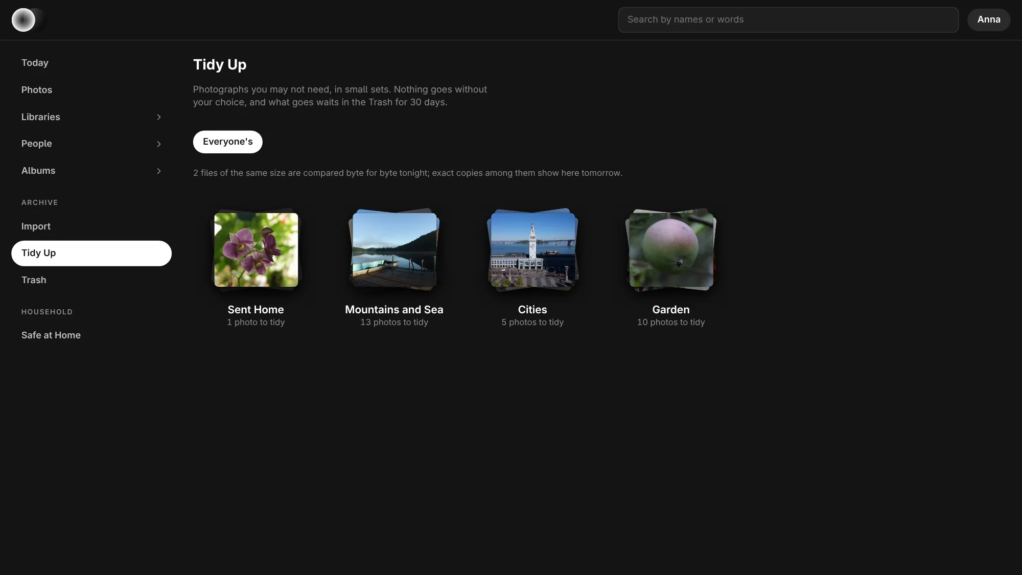 Tidy Up with Everyone's chosen: each library that has photographs to tidy as a stack with how many, Sent Home, Mountains and Sea, Cities and Garden