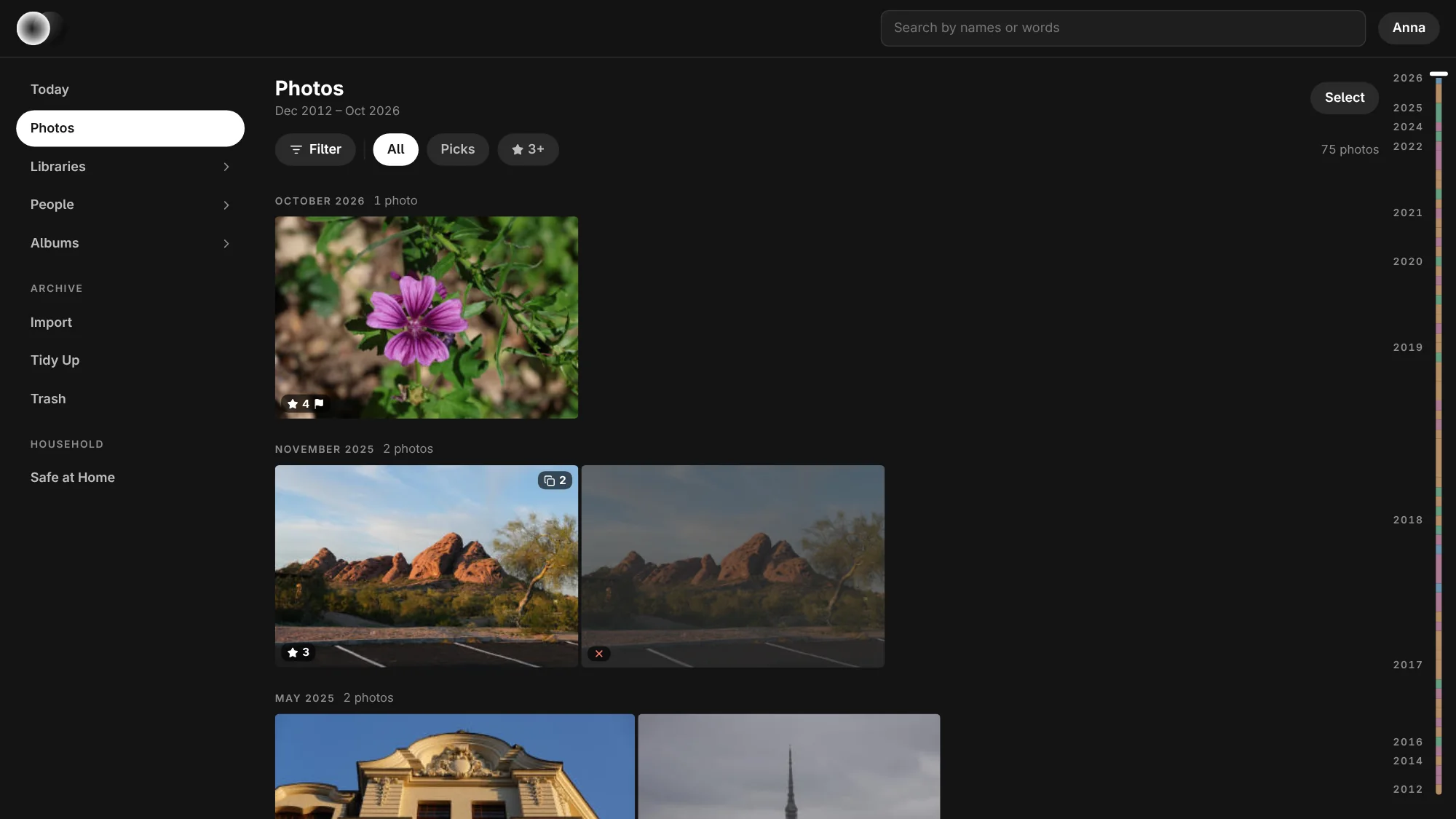 Numa Home in a browser: Today, Photos, Libraries, People and Albums down the left; under the title Photos the one row of Filter, All, Picks and ★ 3+; the photographs by month with their marks, stars with a pick, a burst's count and a rejected one dimmed with a cross; and the scrubber with the years on the right