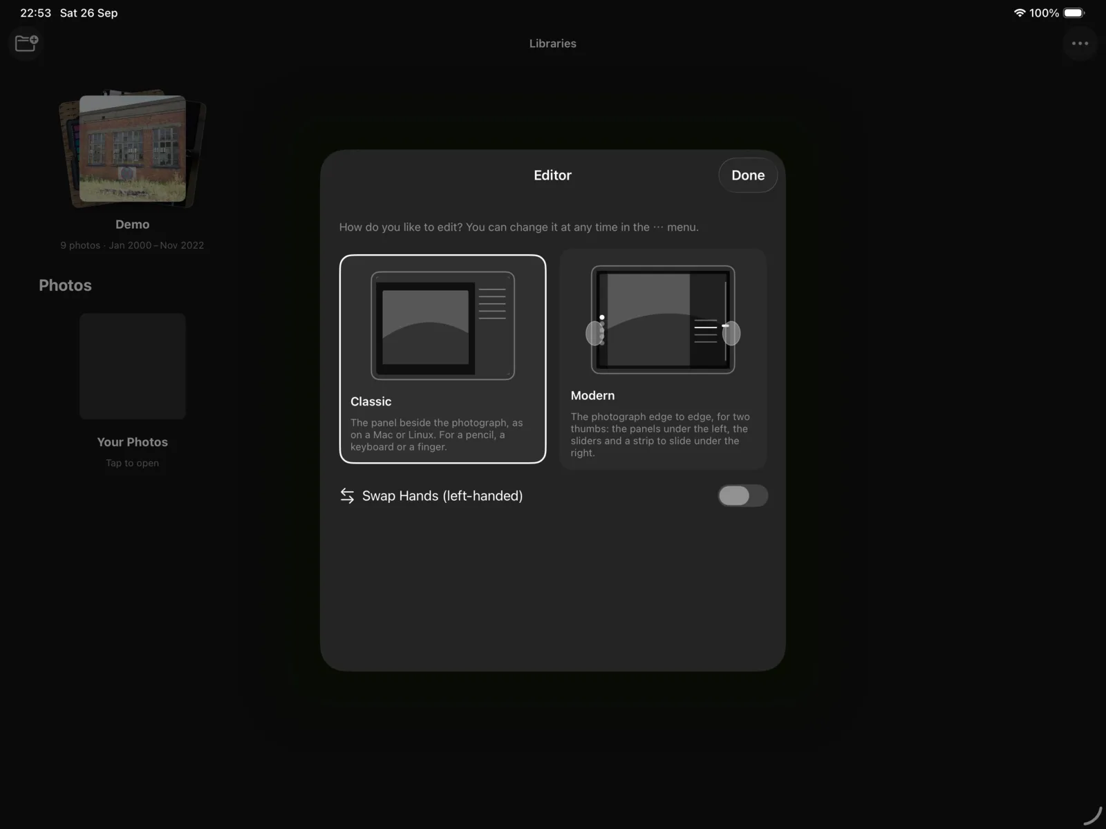 The iPad's editor choice: Classic or Modern, and Swap Hands for the left-handed