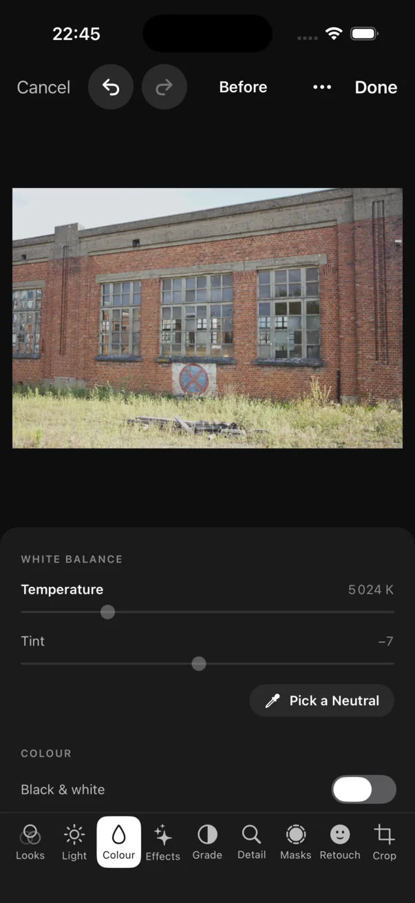 The iPhone editor on Colour: Temperature, Tint, Pick a Neutral and Black and white