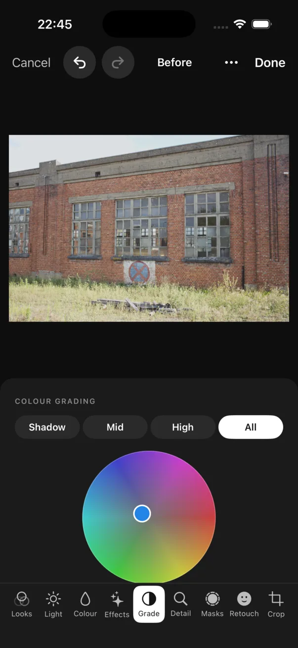 Colour grading on the iPhone: Shadow, Mid, High and All, and the wheel