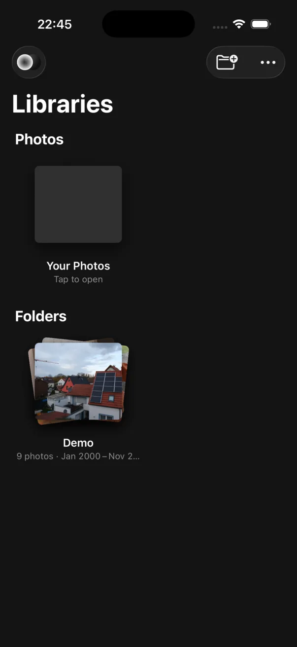 Numa on the iPhone: Libraries, with Your Photos and a folder called Demo