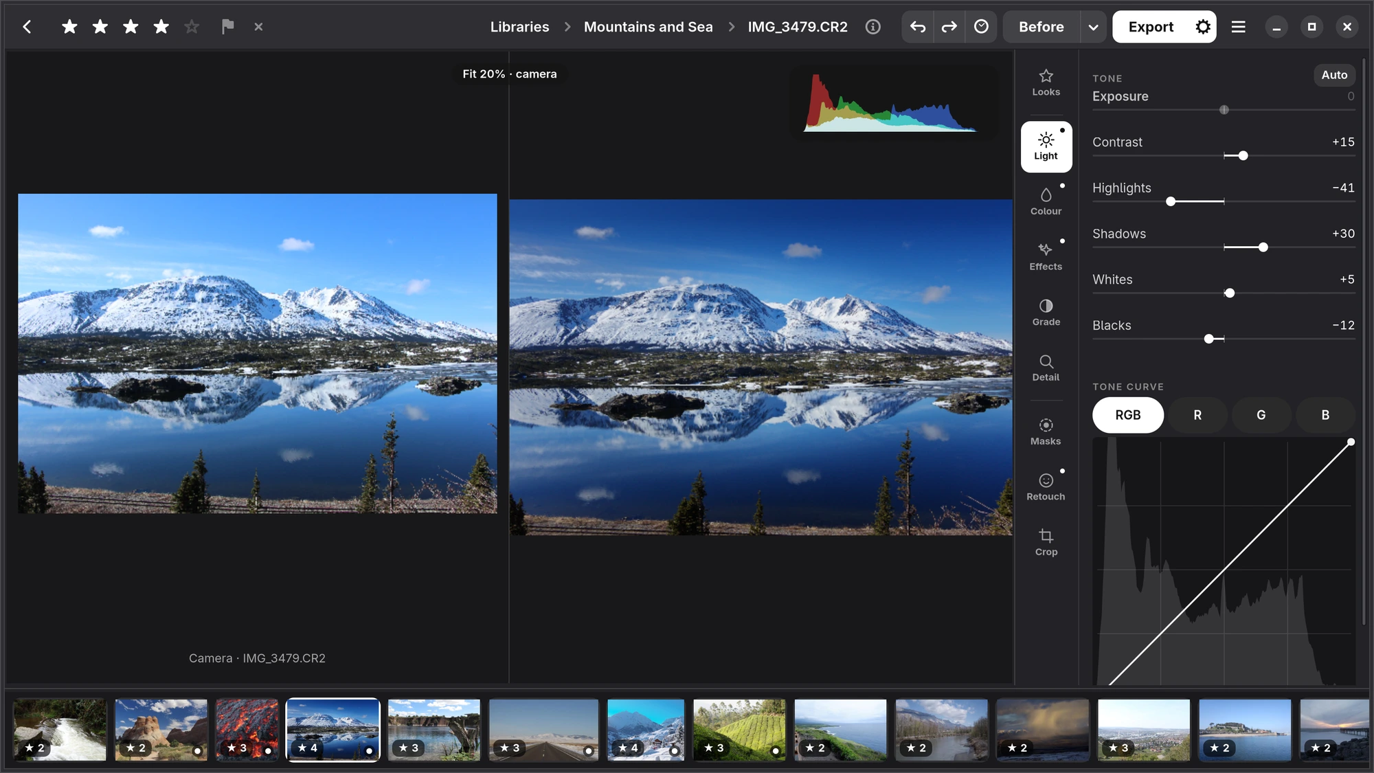 Compare with Camera: the camera's own JPEG beside Numa's rendering