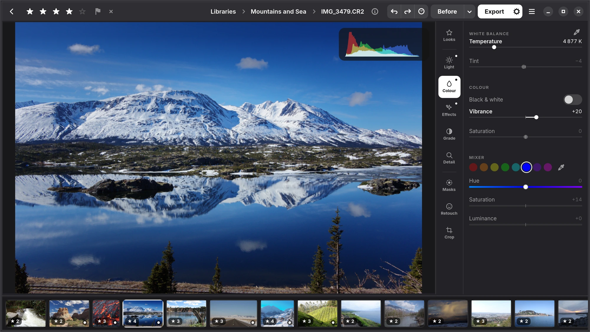 The Colour tab: White balance with Temperature and Tint, Black and white, Vibrance and Saturation, and the Mixer with eight coloured dots