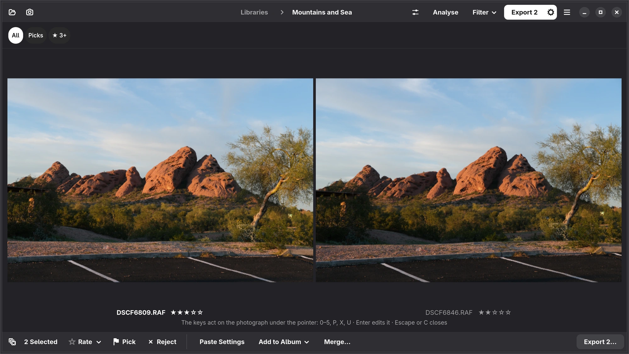Two photographs of red rocks side by side in Compare