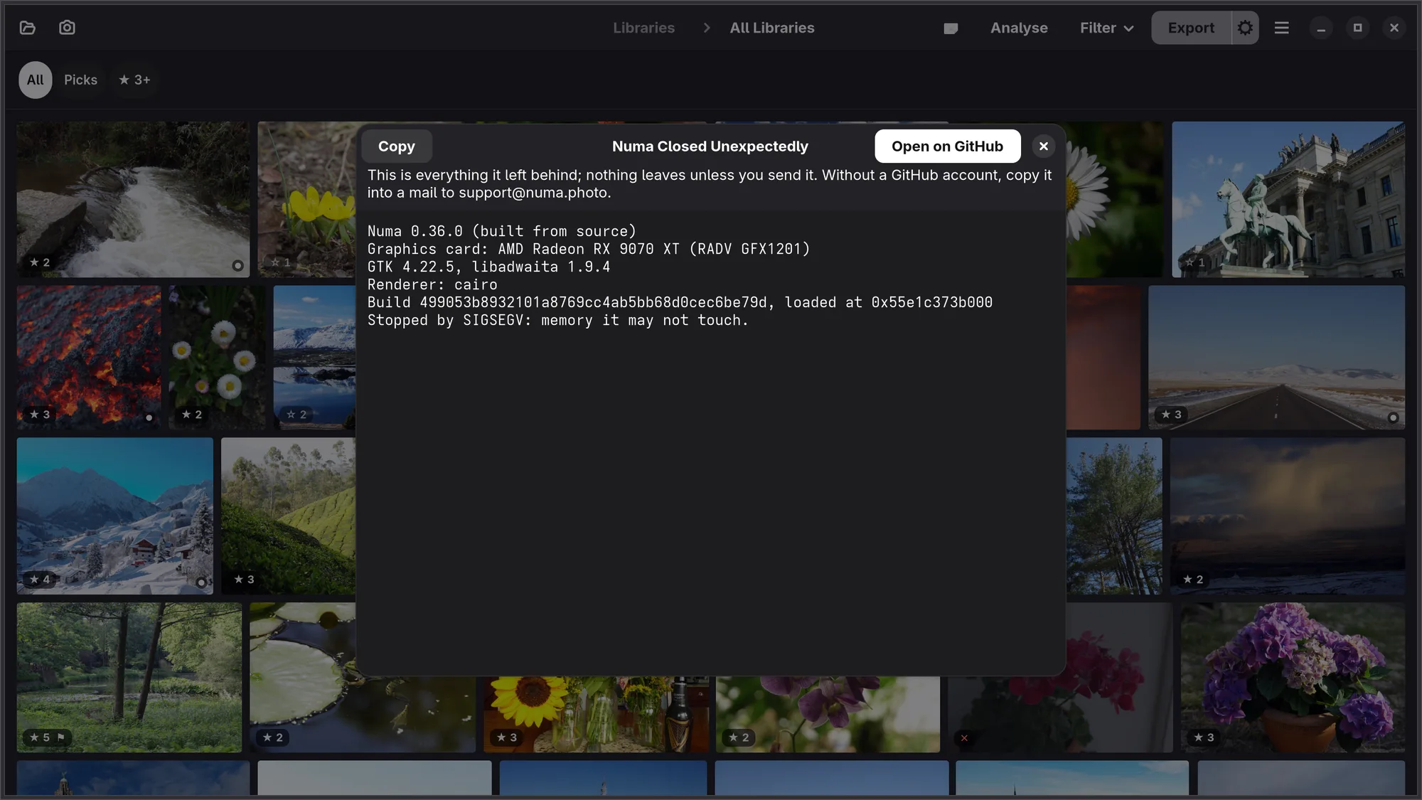 The crash report on Linux: the text the crash left, with Copy and Open on GitHub above it