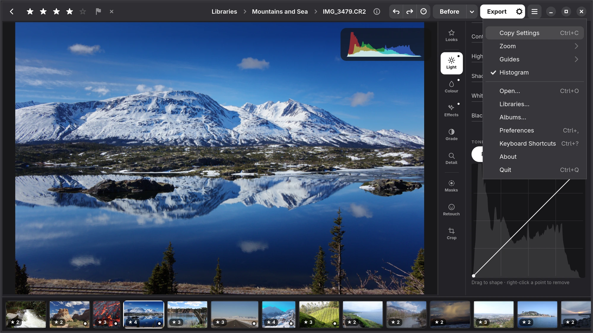 The editor's menu open: Copy Settings, Zoom, Guides and Histogram, then the main menu