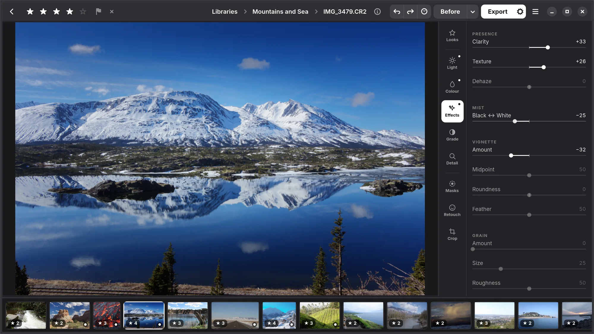 The Effects tab: Presence with Clarity, Texture and Dehaze, then Mist, Vignette and Grain