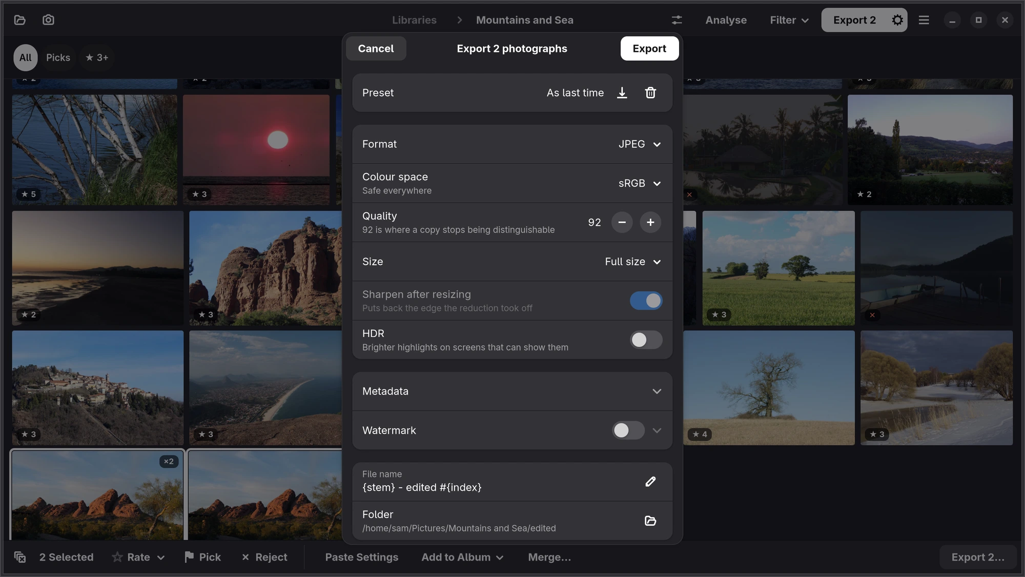 The export dialog opened from the grid for a selection of photographs