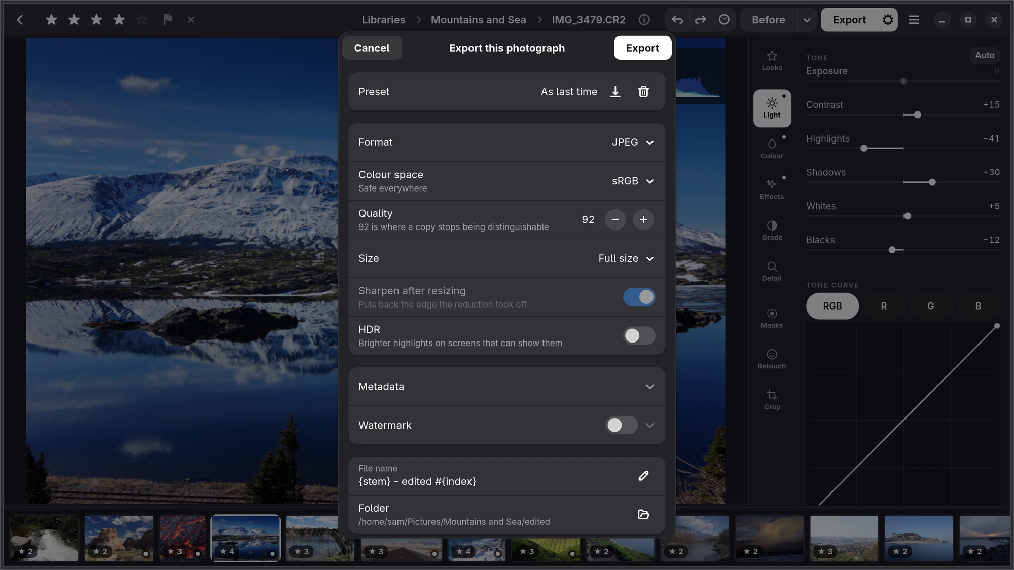 The export dialog, with Export in white at the top right: Preset, Format, Colour space, Quality, Size, Sharpen after resizing, HDR, Metadata, Watermark, File name and Folder