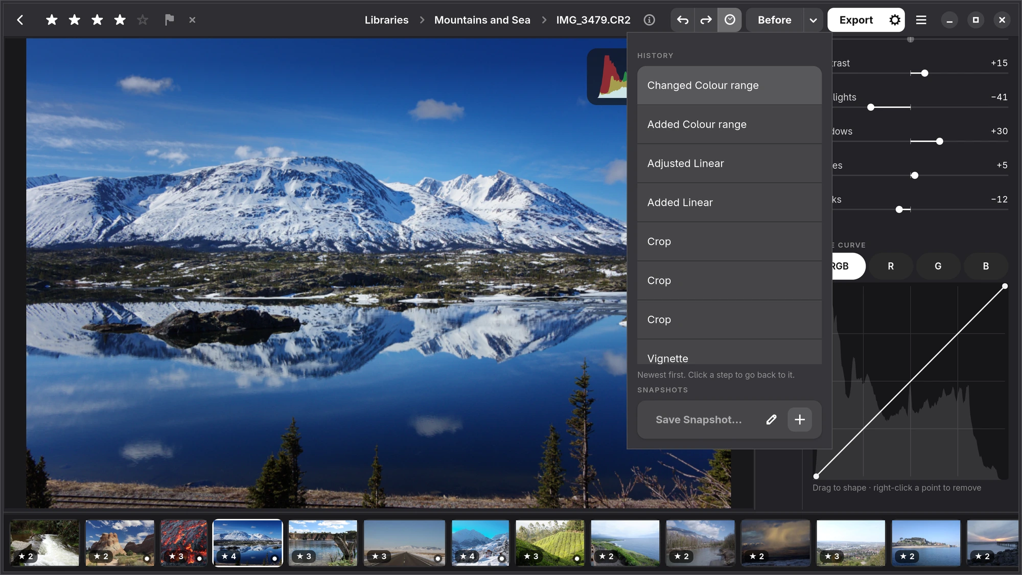 History open in the editor: the named steps, newest first, and the snapshots under them
