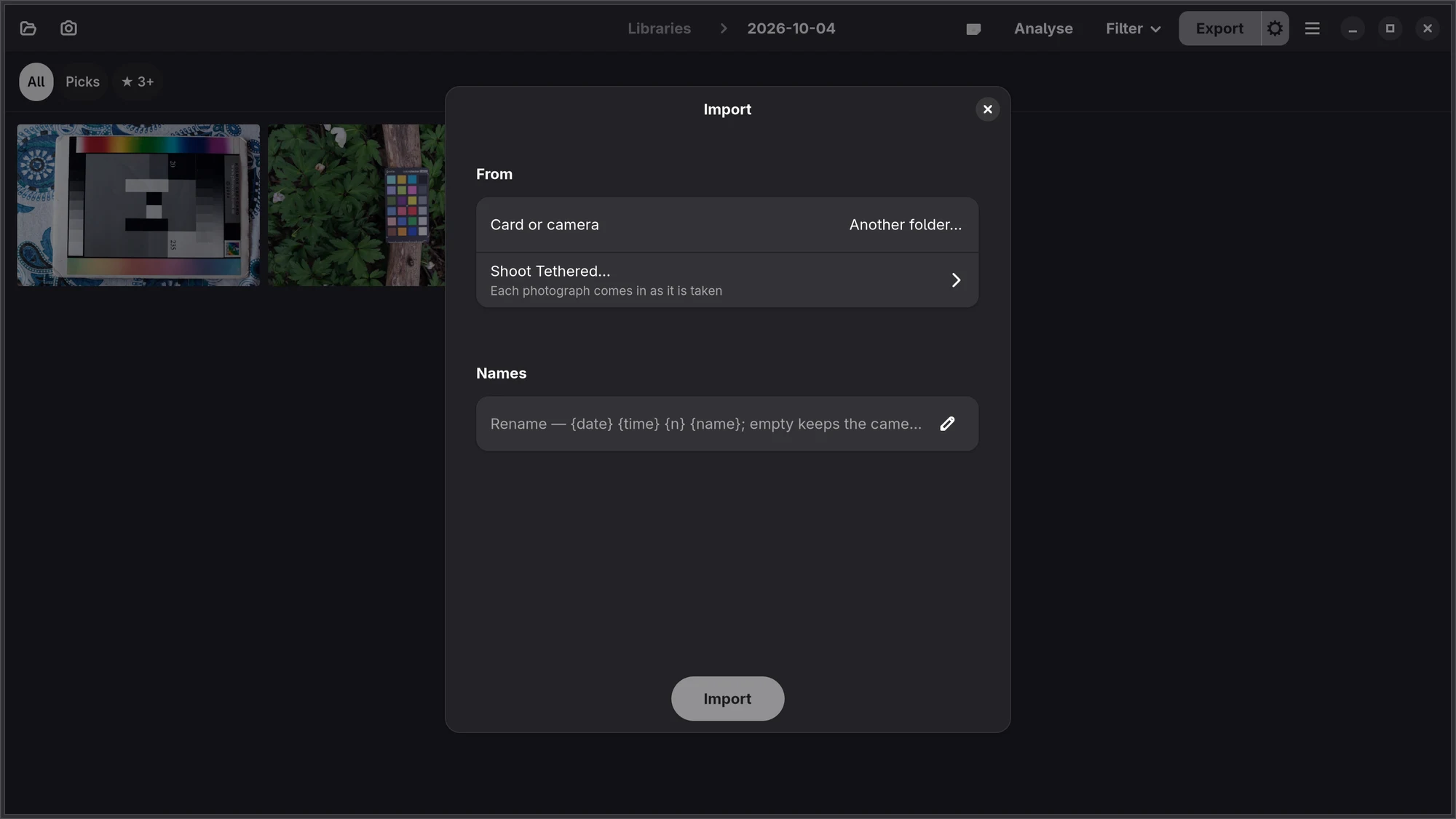 The import dialog with no card in: From, Card or camera or Another folder, then Shoot Tethered…, and Names with the pattern {date} {time} {n} {name}