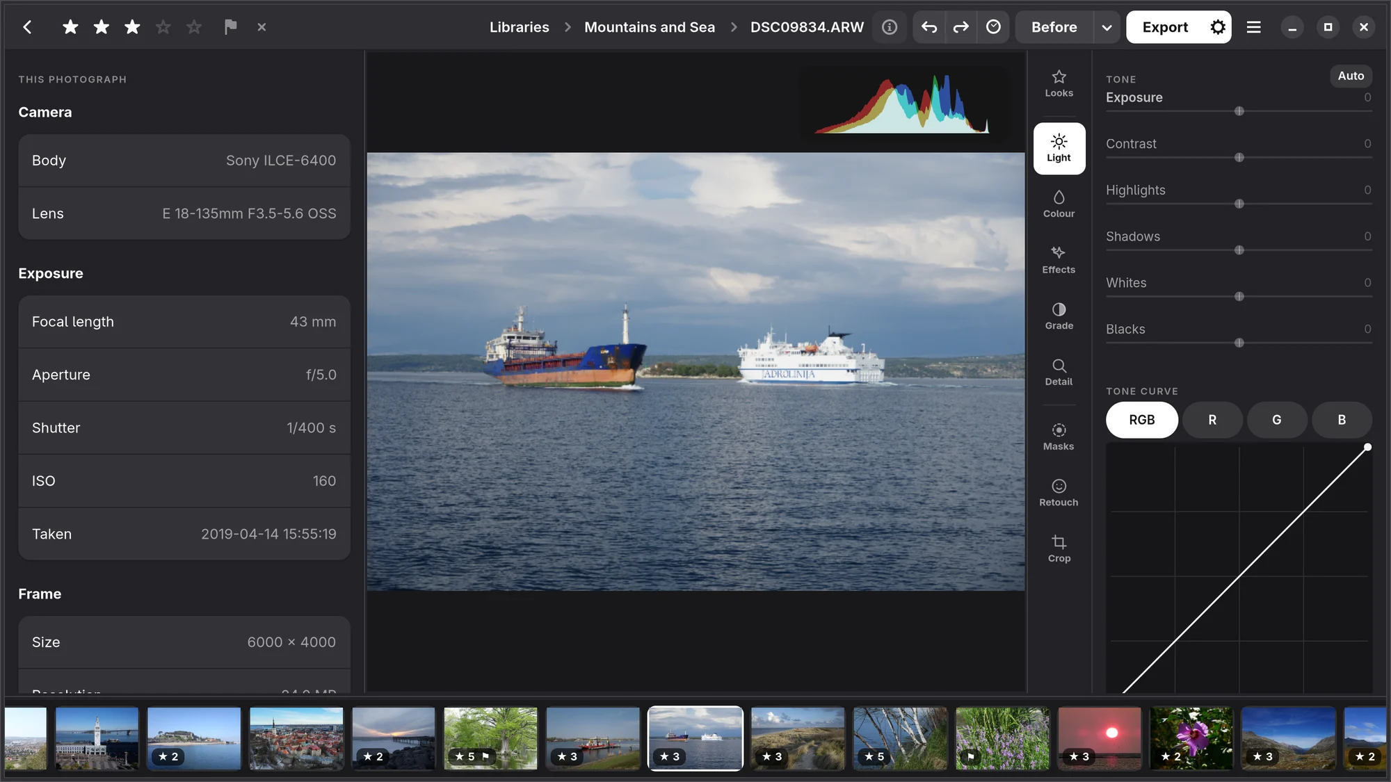 The photo info panel at the left of the editor: the camera, lens, exposure and date of the open photograph