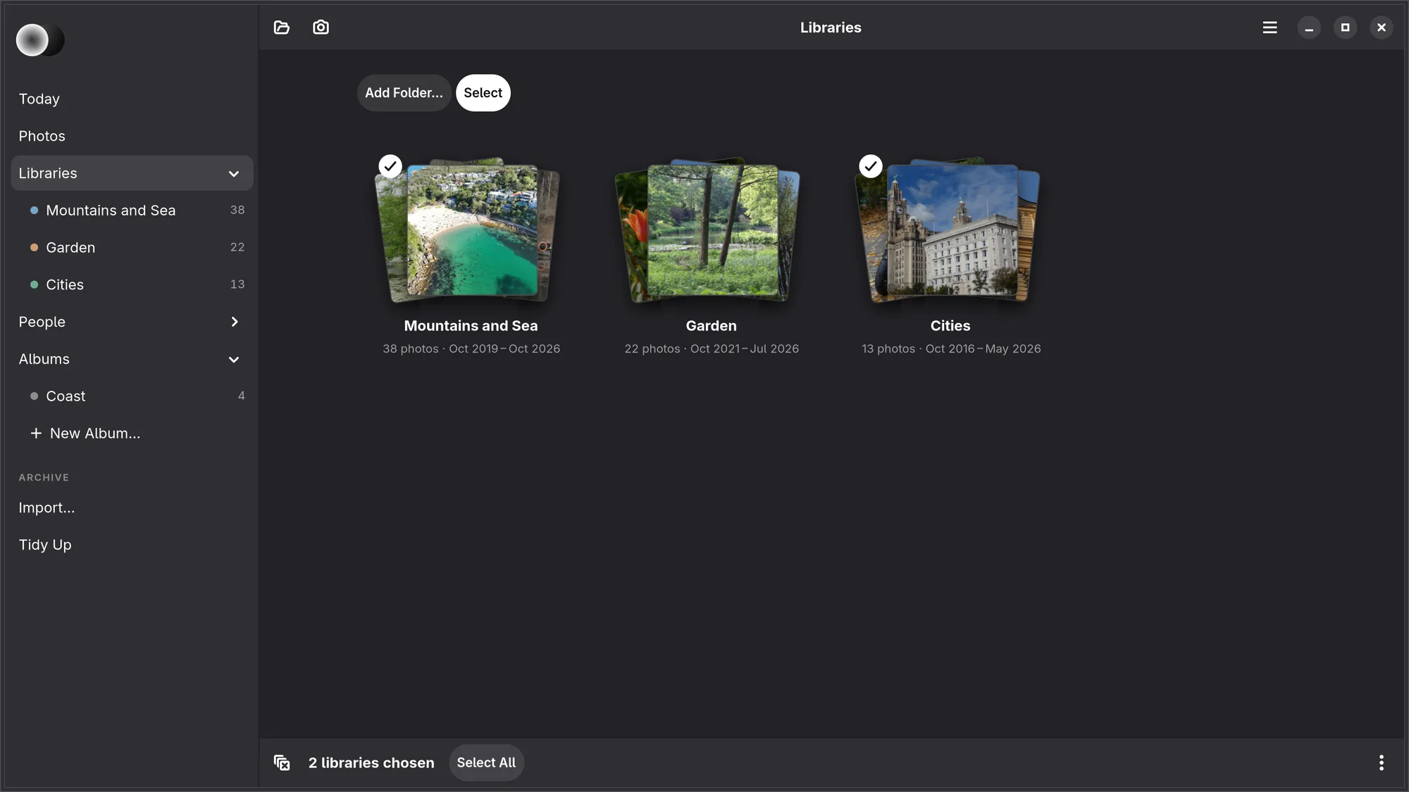 The Libraries page with Select white and two libraries chosen, a tick on each stack, and the bar at the foot: 2 libraries chosen, Select All and ⋯