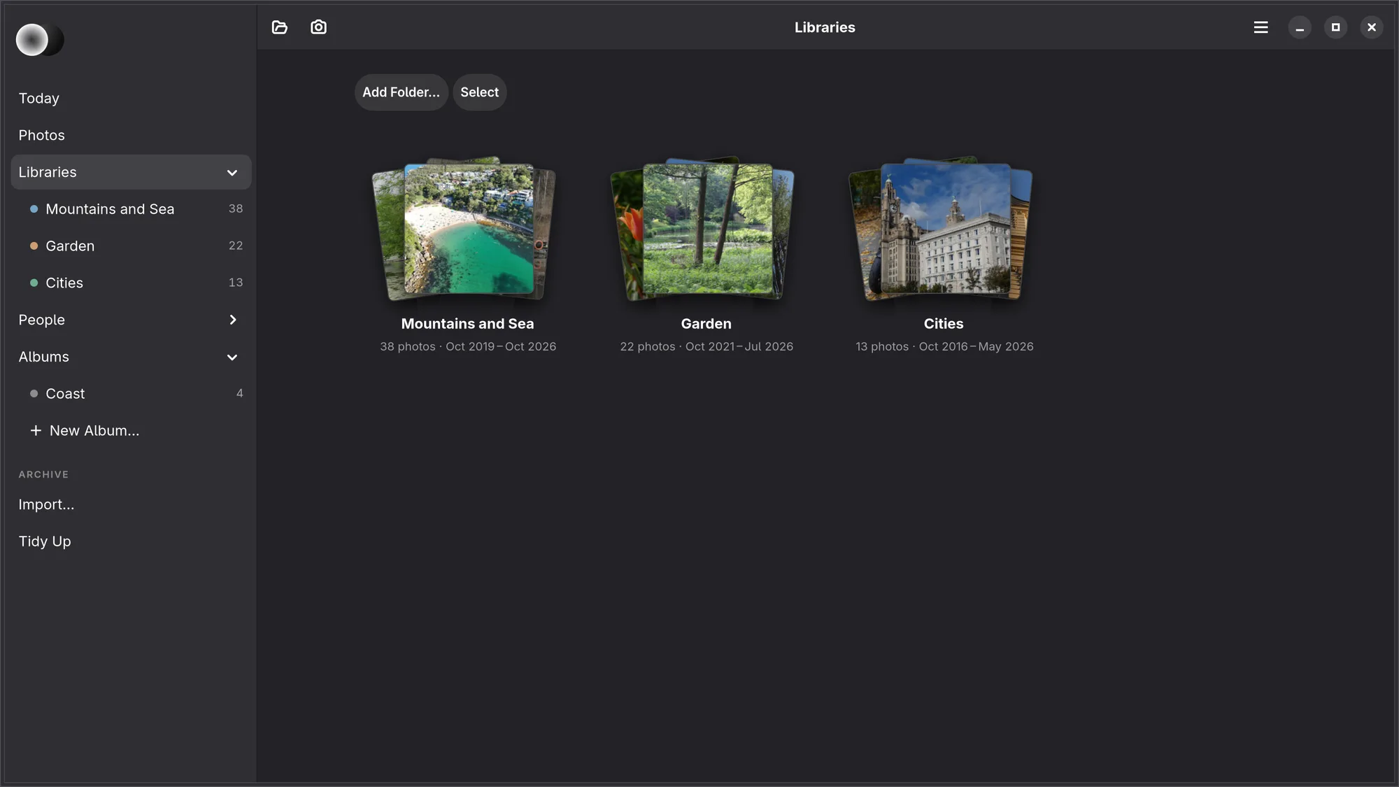 The Libraries page on Linux: the side list with Libraries chosen; Add Folder… and Select, then Mountains and Sea, Garden and Cities, each a stack of three prints with its count and dates