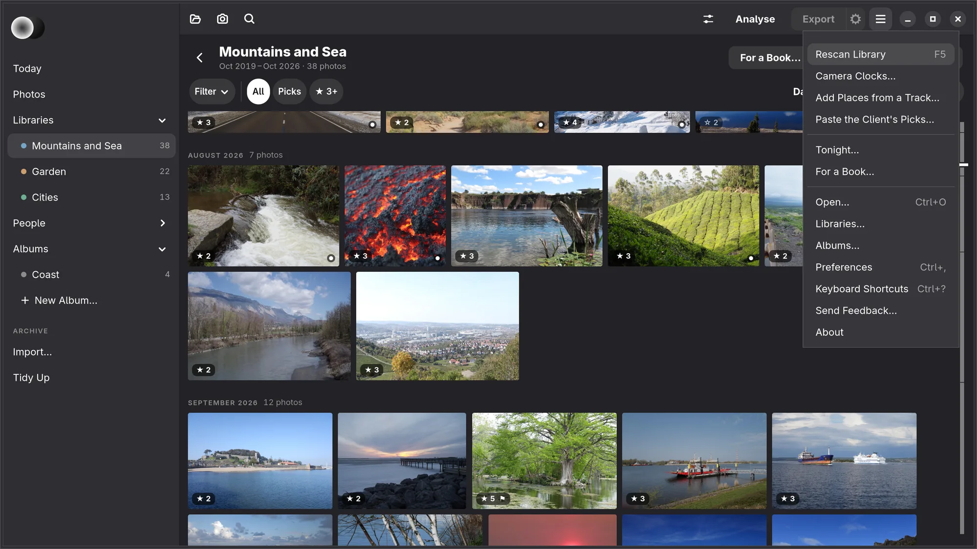 The main menu in a library: Rescan Library, Camera Clocks…, Add Places from a Track…, Paste the Client's Picks…, Tonight…, For a Book…, then Open…, Libraries…, Albums…, Preferences and the rest