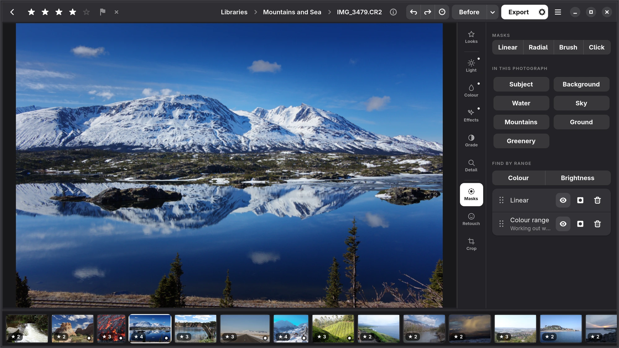 The Masks tab on a mountain lake: Linear, Radial, Brush and Click, then In this photograph with Subject, Background, Water, Sky, Mountains, Ground and Greenery, Find by range, and the photograph's two masks, Linear and Colour range