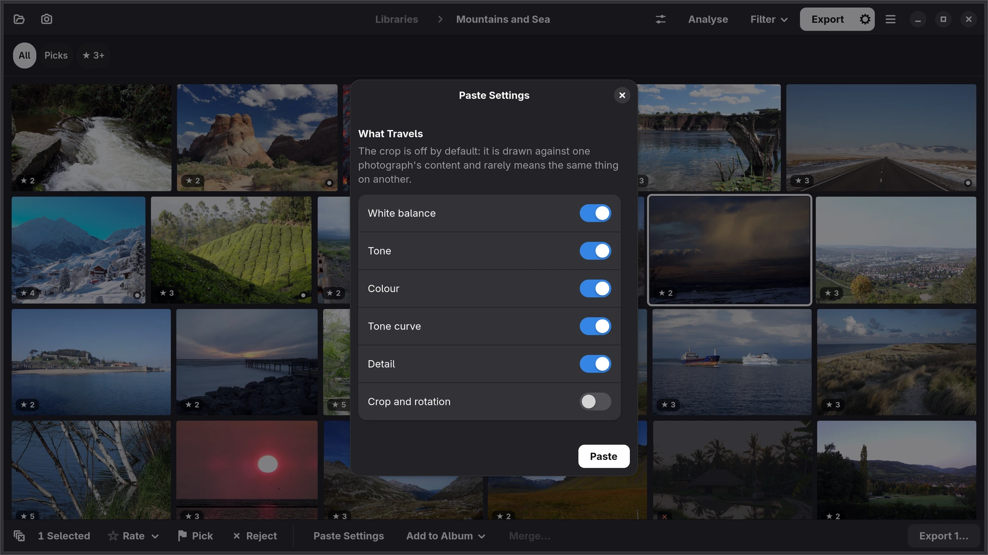 Paste Settings: a checklist of what to paste, and Paste in white