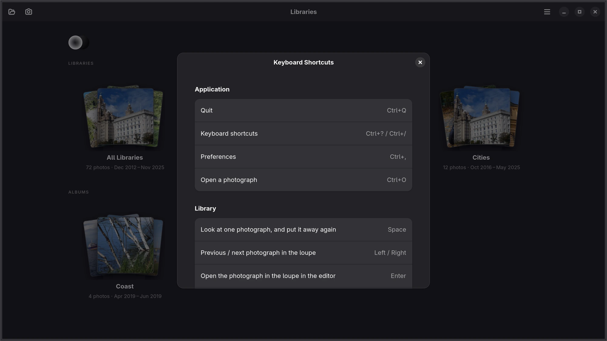 The Keyboard shortcuts window in Numa for Linux, grouped as Application, Library and Editor