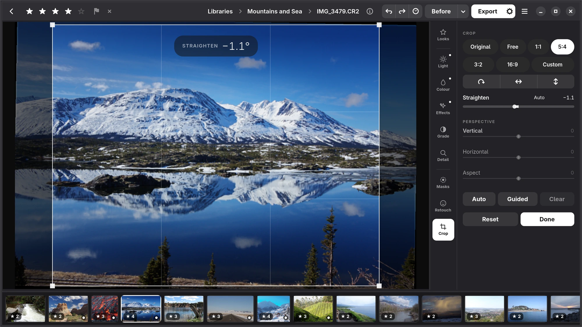 Straightening: the photograph turned a little inside the 5:4 frame, and STRAIGHTEN −1.1° at the top of it