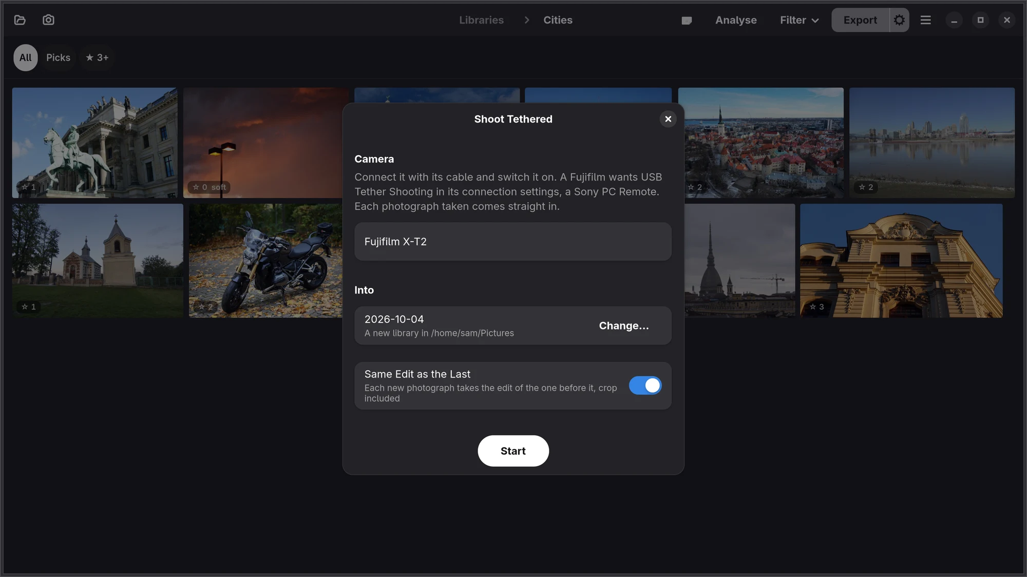 The Shoot Tethered dialog: Camera Fujifilm X-T2 with a line on the camera's own setting, Into 2026-10-04, a new library in Pictures, with Change…, Same Edit as the Last switched on, and Start